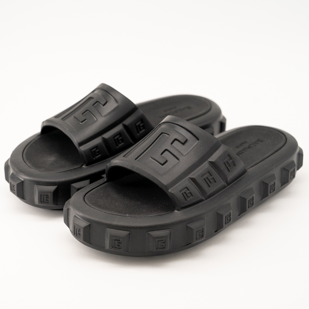 size 40-41 Balmain Black Ari Rubber Slip On Slides Sandal Embossed Logo